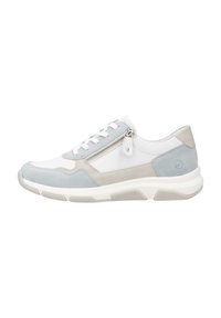 Baskets blanches et bleu clair, alliant cuir et daim, avec une fermeture éclair à l'avant et une semelle texturée. Marquage subtil sur le côté.