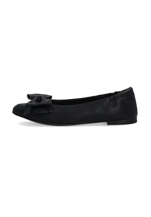 Schwarze Leder-Ballerinas mit runder Zehenform und einem Stoffbogenakzent auf der Vorderseite. Glatte Textur und eine flexible Sohle.