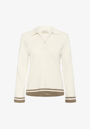 Pull-over en tricot couleur crème avec un col en V, présentant une texture côtelée et des rayures marron contrastées à l'ourlet et aux poignets.