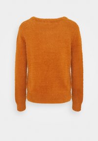 Maglione lungo arancione bruciato, morbido e peloso, con scollo rotondo e polsini e orlo a coste, mostrato da dietro.