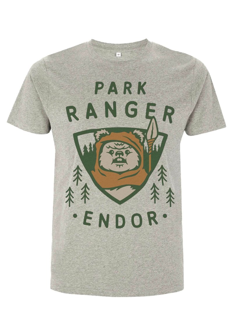 Šedé bavlněné tričko s grafickým designem medvěda v hnědé kápě, orámovaného stromy a textem "PARK RANGER ENDOR."