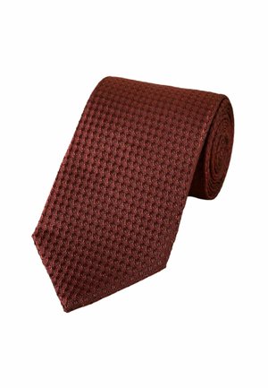 Burgundy textured tie with a woven pattern, rolled neatly. The tie features a traditional narrow shape and smooth finish.