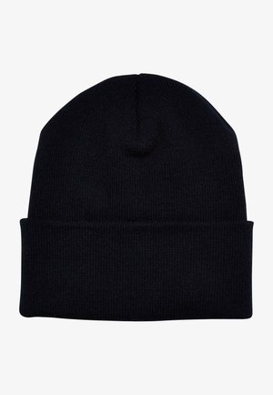 Berretto in maglia nera con texture a costine e orlo ripiegato. Parte superiore arrotondata senza loghi o decorazioni visibili.