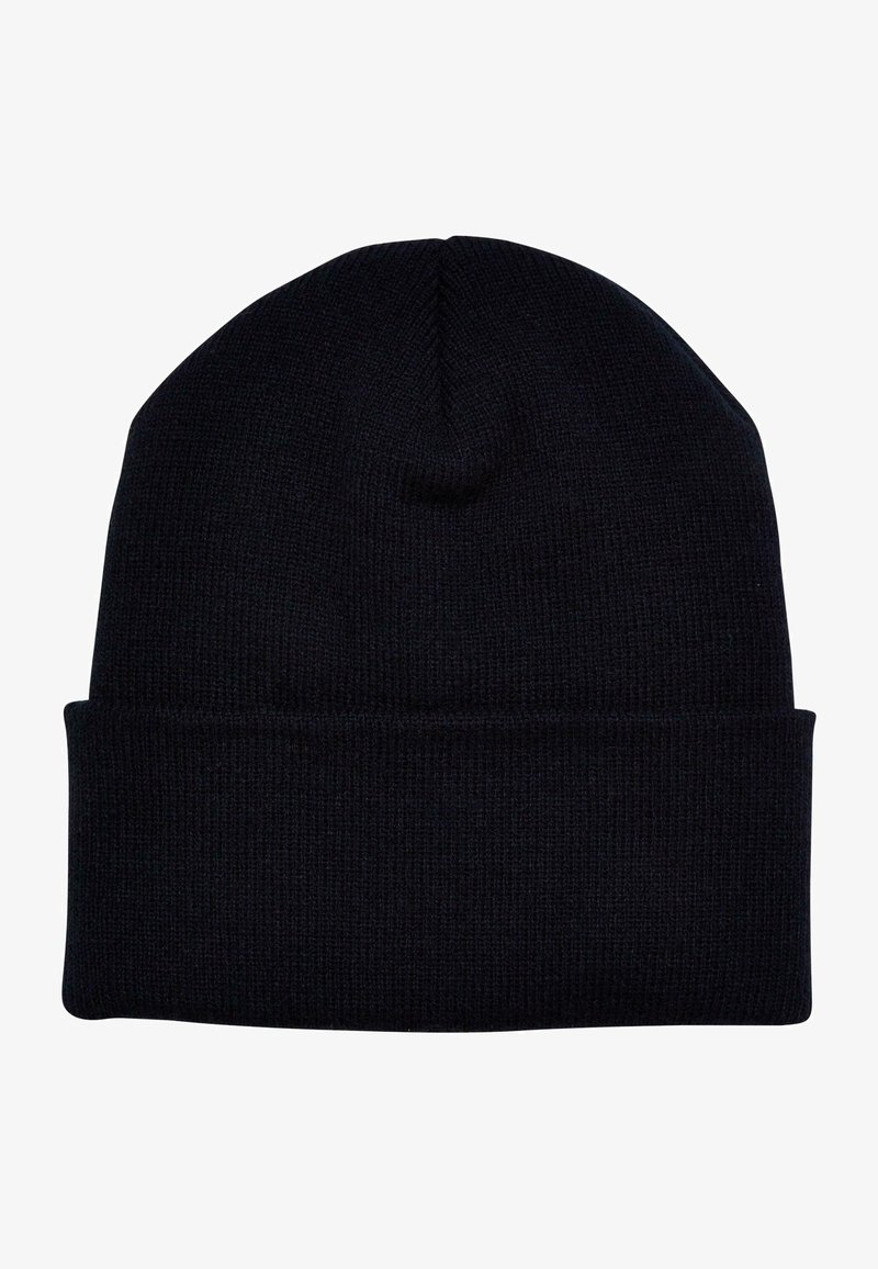 Black knitted beanie hat with a ribbed texture and folded hem. Rounded top with no visible logos or embellishments.