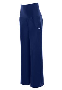 Navy wijde broek met een hoge tailleband, gemaakt van een gladde, rekbare stof. Bevat twee zijzakken en een klein logo aan de voorkant.
