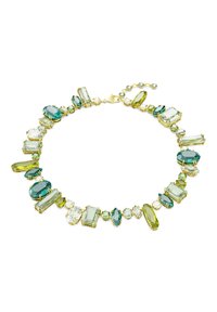 Gold-tone necklace featuring assorted gemstones in green and blue hues, with varied shapes including oval, rectangular, and round.