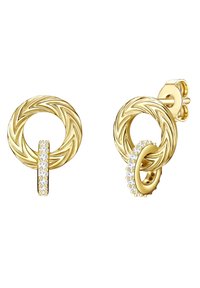 Guldtonade örhängen med en dubbel ögla design, en texturerad yta och ett segment prytt med klara rhinestones.