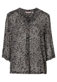 Blusa nera trasparente con una vestibilità ampia, caratterizzata da un motivo floreale bianco, scollatura a V e maniche a tre quarti. Tessuto leggero.