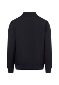 Schwarze, leichte Bomberjacke mit geripptem Kragen und Bündchen. Einfaches Design, glatte Textur und keine sichtbaren Muster oder Verzierungen.