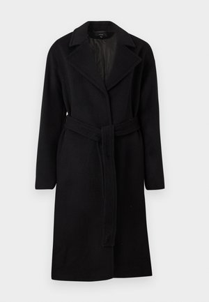 Cappotto di lana nero con rever a punte, maniche lunghe e cintura da annodare. Presenta una texture liscia e un design fino al ginocchio.
