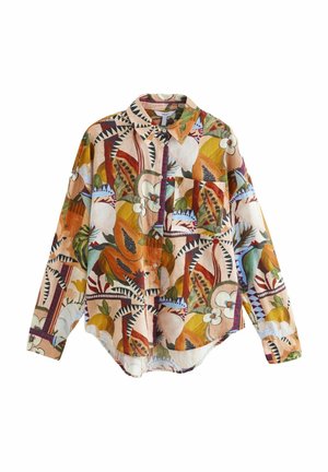 Chemise à manches longues boutonnée avec col, poche frontale et motifs floraux et géométriques abstraits colorés en orange, vert, jaune et violet.