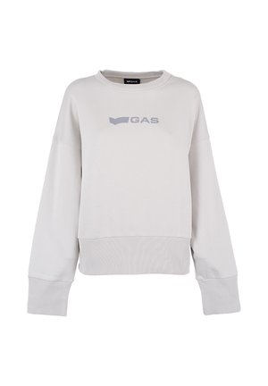 Sweatshirt corto grigio chiaro con maniche lunghe e larghe, polsini a coste e una texture morbida. Presenta un logo stampato "GAS" sul davanti.