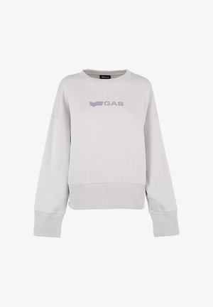 Sweatshirt corto grigio chiaro con maniche lunghe e larghe, polsini a coste e una texture morbida. Presenta un logo stampato "GAS" sul davanti.