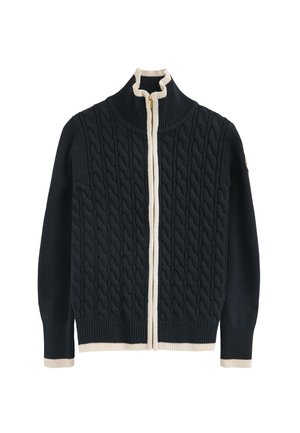 Cardigan in maglia lavorata a trecce blu navy con collo alto, rifiniture crema, cerniera integrale e polsini e orlo a coste. Tessuto morbido, motivo dettagliato sul corpo.