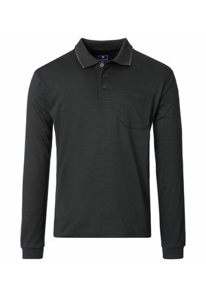 Langärmliges Poloshirt in Dunkelgrau. Hergestellt aus einem strukturierten Stoff, mit Kragen, Drei-Knopf-Leiste und einer Brusttasche.