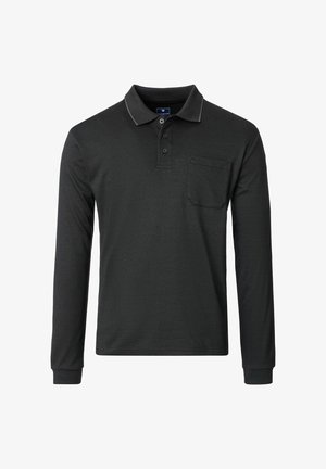 Langärmliges Poloshirt in Dunkelgrau. Hergestellt aus einem strukturierten Stoff, mit Kragen, Drei-Knopf-Leiste und einer Brusttasche.