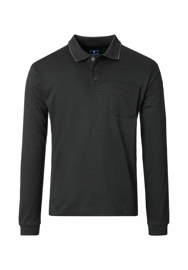 Langærmet polo-shirt i mørkegrå. Fremstillet af et struktureret stof, med en krave, tre-knaps placket og en brystlomme.