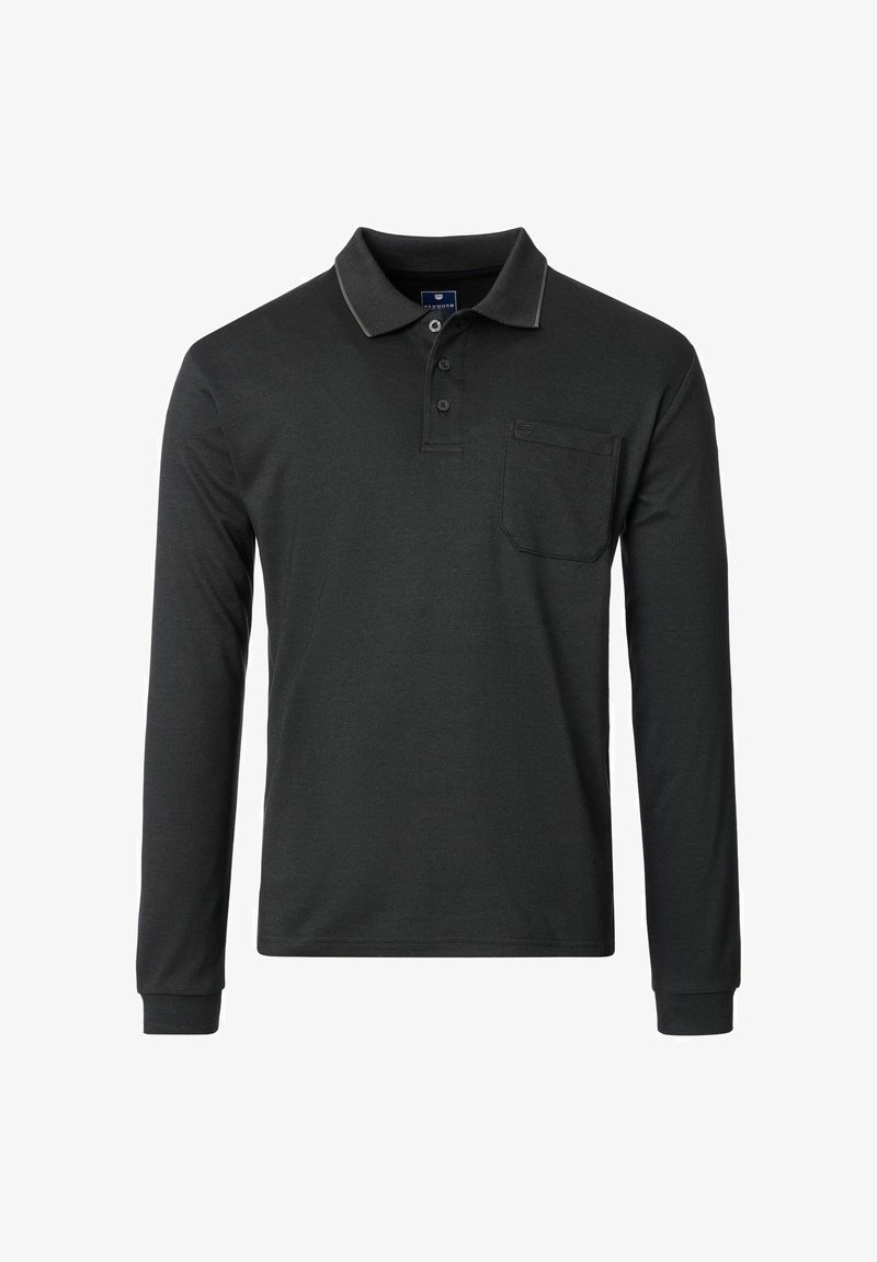 Langärmliges Poloshirt in Dunkelgrau. Hergestellt aus einem strukturierten Stoff, mit Kragen, Drei-Knopf-Leiste und einer Brusttasche.