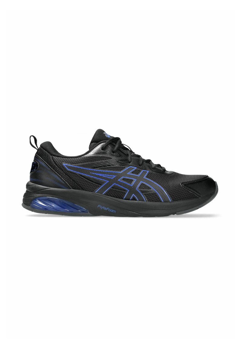Schwarze Sportschuhe mit einem Obermaterial aus Mesh, blauen Akzenten und einer gepolsterten blauen Sohle, die mit "FlyteFoam" beschriftet ist. Sie verfügen über eine abgerundete Zehenpartie und ein Schnürdesign.