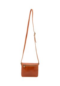 Borsa a tracolla in pelle marrone con tasca con zip, forma rettangolare, bordi cuciti e spallaccio regolabile. Texture liscia.