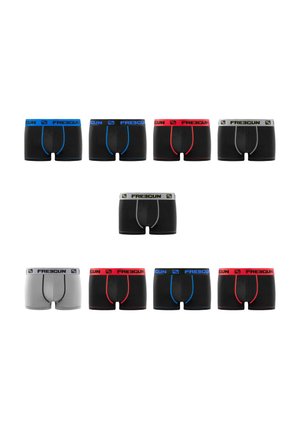 Huit paires de boxers pour hommes en noir et gris, avec des ceintures élastiques en bleu, rouge, blanc et vert, disposées en trois rangées.