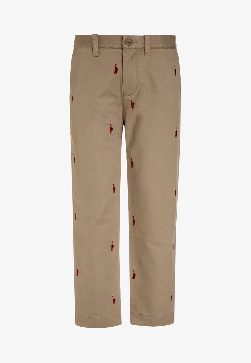 Pantaloni in cotone beige con figure rosse ricamate sparse sul tessuto. Design classico con chiusura a bottone e tasche laterali.