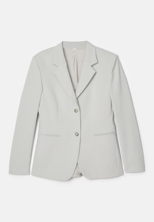 Blazer de color gris claro, confeccionado en un tejido suave, con solapas en pico, cierre frontal de dos botones y dos bolsillos frontales con detalles sutiles.