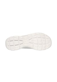 Bílá sportovní podrážka s texturovaným gripem, obsahující obdélníkové a kulaté prohlubně pro trakci a flexibilitu.