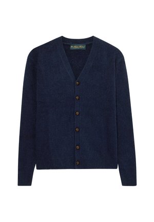 Cardigan blu navy realizzato in tessuto testurizzato con scollo a V, caratterizzato da bottoni marroni lungo il davanti e polsini e orlo a coste.