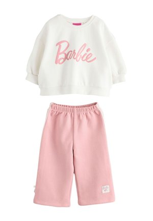 Fehér hosszú ujjú pulóver rózsaszín "Barbie" felirattal, rózsaszín, rugalmas derékpántú, bő szárú nadrággal gyerekeknek.