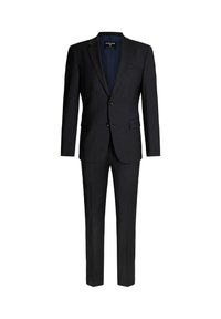 Donkergrijs pak met een enkelvoudige blazer en flat-front broek. Gemaakt van stof met een subtiele textuur en een gladde afwerking.