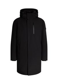 Czarna wodoodporna parka z wysokim kołnierzem, regulowanym kapturem i dwoma kieszeniami bocznymi. Kieszeń na zamek błyskawiczny na piersi z elegancką podszewką.