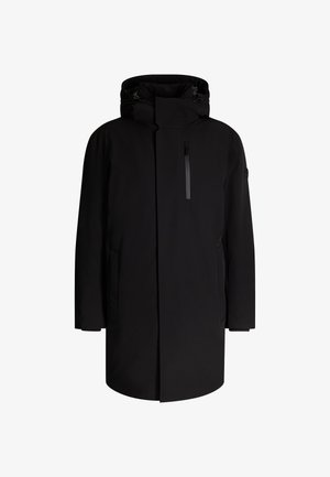 Schwarzer wasserdichter Parka mit hohem Kragen, verstellbare Kapuze und zwei Seitentaschen. Reißverschluss-Brusttasche mit eleganter Fütterung.