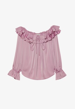 Light pink off-the-shoulder blouse with ruffled neckline and long sleeves, featuring elastic cuffs and a drawstring detail at the front.