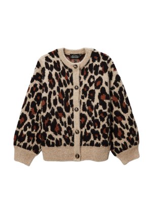 Cardigan beige boutonné avec imprimé léopard noir et marron, poignets, ourlet et encolure ronde côtelés.