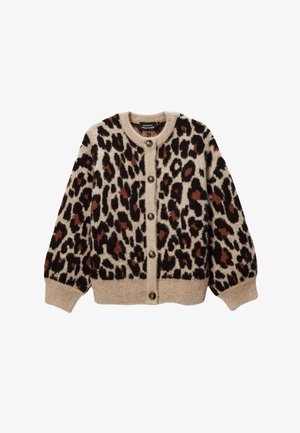 Cardigan beige boutonné avec imprimé léopard noir et marron, poignets, ourlet et encolure ronde côtelés.