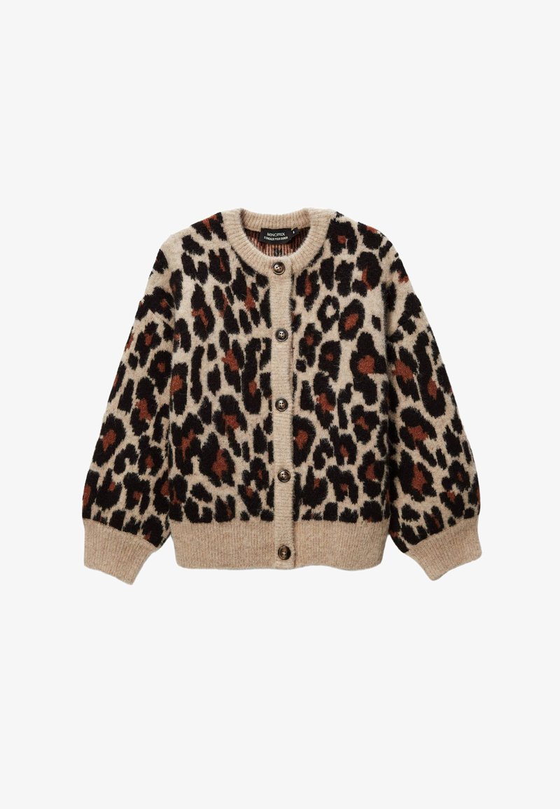 Cardigan beige boutonné avec imprimé léopard noir et marron, poignets, ourlet et encolure ronde côtelés.