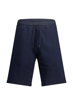 Navy blue, knee-length shorts made of soft cotton, featuring an elastic waistband with a drawstring and side slant pockets.
