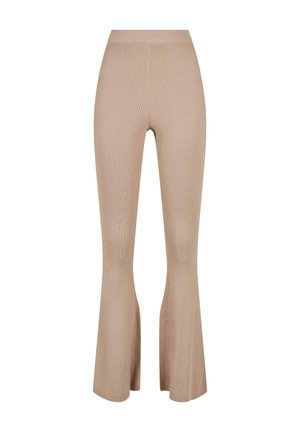 Pantalones de punto acanalado beige con cintura alta y piernas acampanadas, diseñados para un ajuste ceñido en las caderas y los muslos.