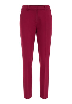 Punaiset muotoiluhousut slim-fit-leikkauksella, jossa on tasainen etuosa, vyölenkit ja sileä kangas. Ei näkyviä taskuja.