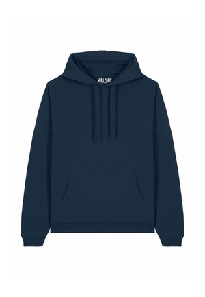 Marineblaue Kapuzenjacke aus Baumwollmix mit einer Fronttasche, Kordelzugkapuze und gerippten Bündchen und Saum. Einfaches, lässiges Design.