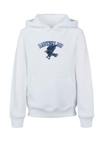 Hvid hoodie lavet af blødt stof, med blå broderet "Ravenclaw" tekst og et sort høgdesign på fronten, samt en kængurulomme.
