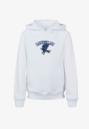 Felpa bianca realizzata in morbido tessuto, con ricamo blu della scritta "Ravenclaw" e un design di un falcone nero sul davanti, dotata di tasca a marsupio.