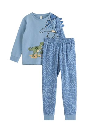Ensemble de pyjama bleu pour enfant avec des motifs de dinosaures sur le haut et un pantalon bleu rayé zèbre avec des poignets et une ceinture élastiques.
