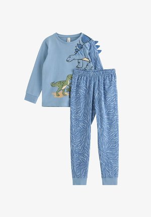 Ensemble de pyjama bleu pour enfant avec des motifs de dinosaures sur le haut et un pantalon bleu rayé zèbre avec des poignets et une ceinture élastiques.