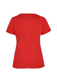 Camiseta de algodón roja de manga corta con un cuello redondo y una textura suave. La parte trasera es lisa, sin patrones ni acentos.
