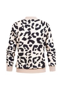 Beżowa bomberka z długim rękawem w nieregularny, czarny nadruk w panterkę, z prążkowanymi mankietami, dołem oraz kołnierzem.