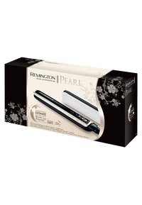 Remington Pearl plattångens förpackning har en svart och krämfärgad låda med blommiga detaljer, som visar plattången med en digital display.