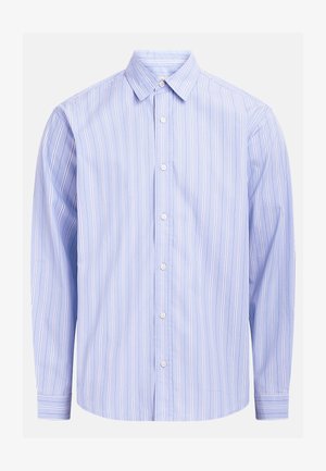 Svetlo modra dolgoročna srajca z belimi navpičnimi črtami, spredaj z gumbi in klasičnim ožjim ovratnikom.