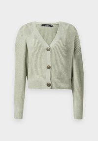 Ljusgrön stickad cardigan med V-ringning, långa ärmar och tre knappar framtill. Croppad design med ribbad textur och muddar.